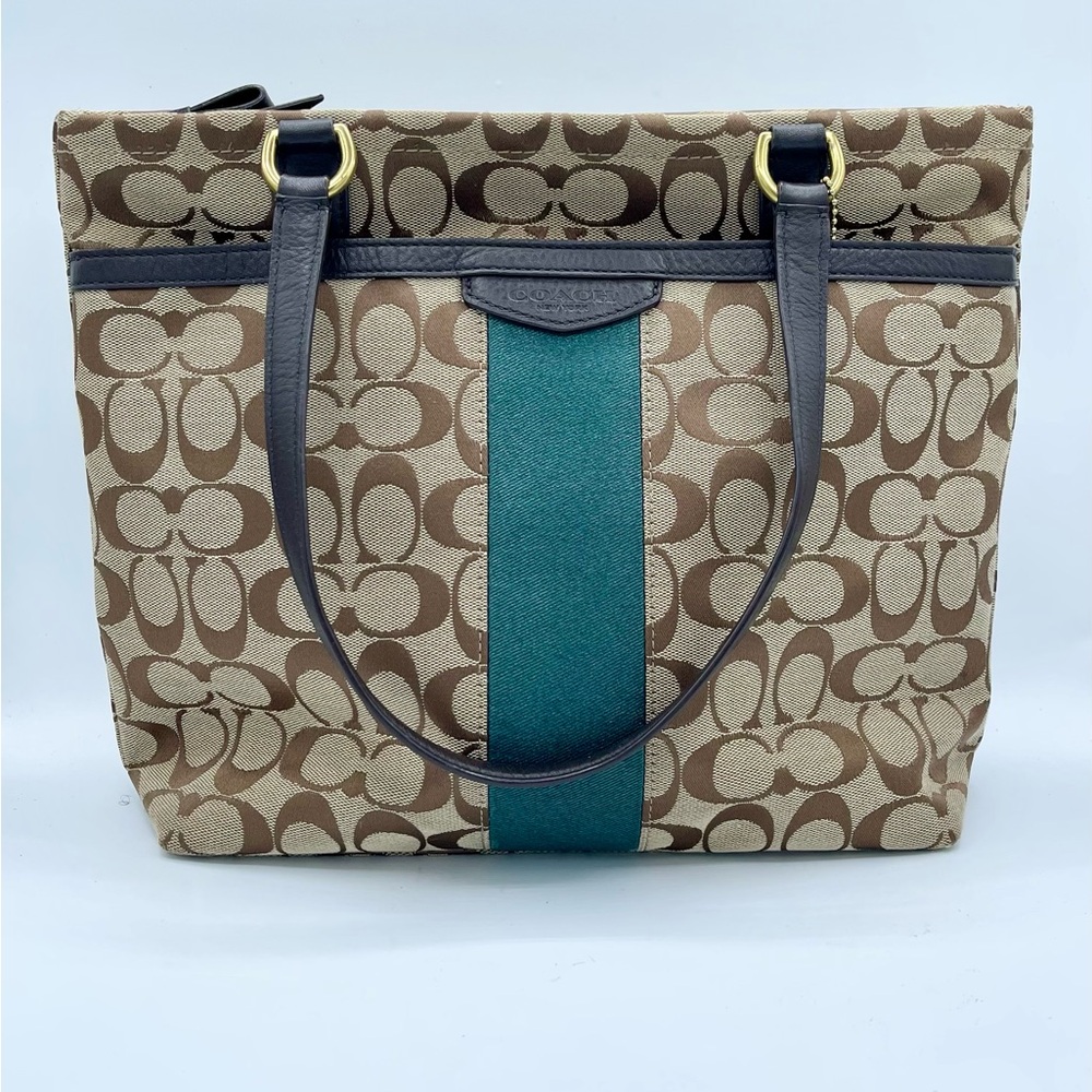 Coach Signature Brown and Teal Tote - Picture 8 of 17